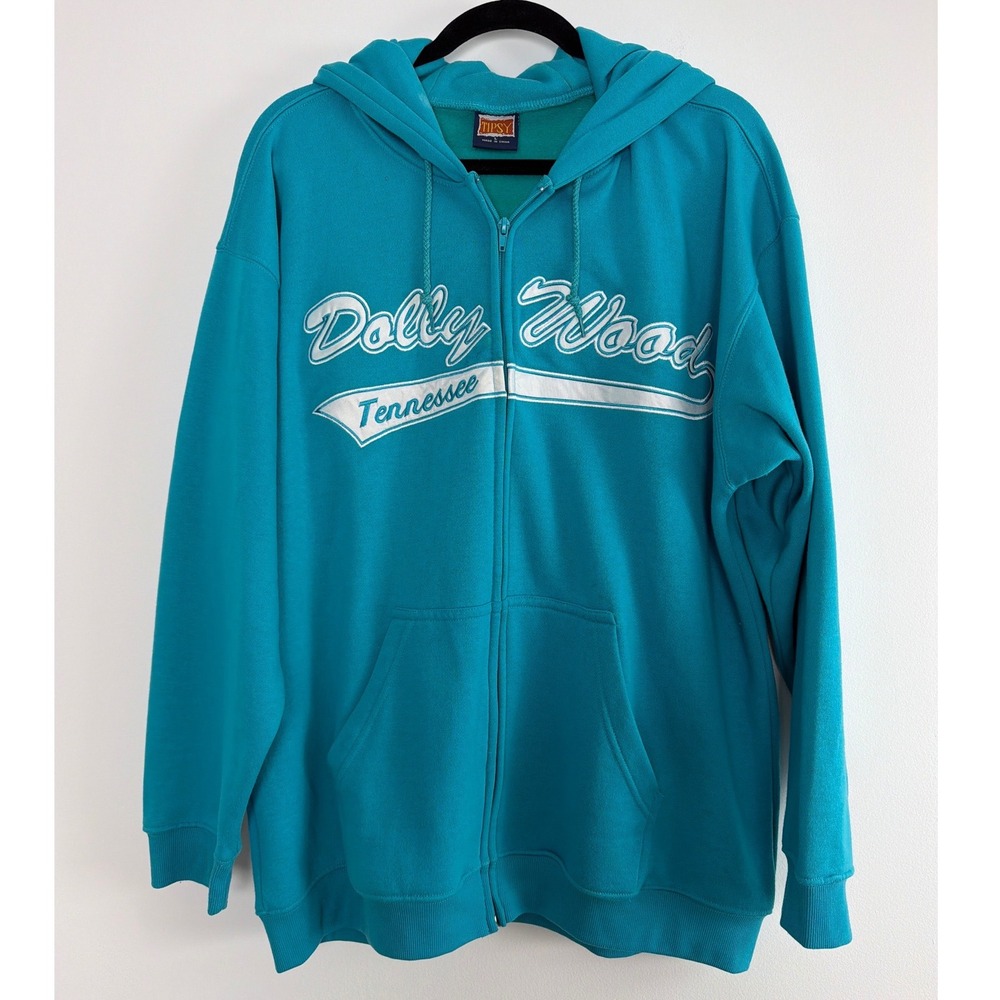 Vintage Y2K era Dollywood Hoodie Women Large Teal Zip Up Dolly Parton Country